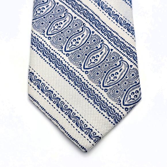 Paul Fredrick Silk Tie Paisley Geometric Stripe Textured Traditional Ivory Blue - Picture 5 of 8